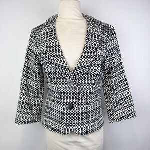 CAbi Du Jour Blazer Black White Geometric Circle Print Cropped Jacket Size 4